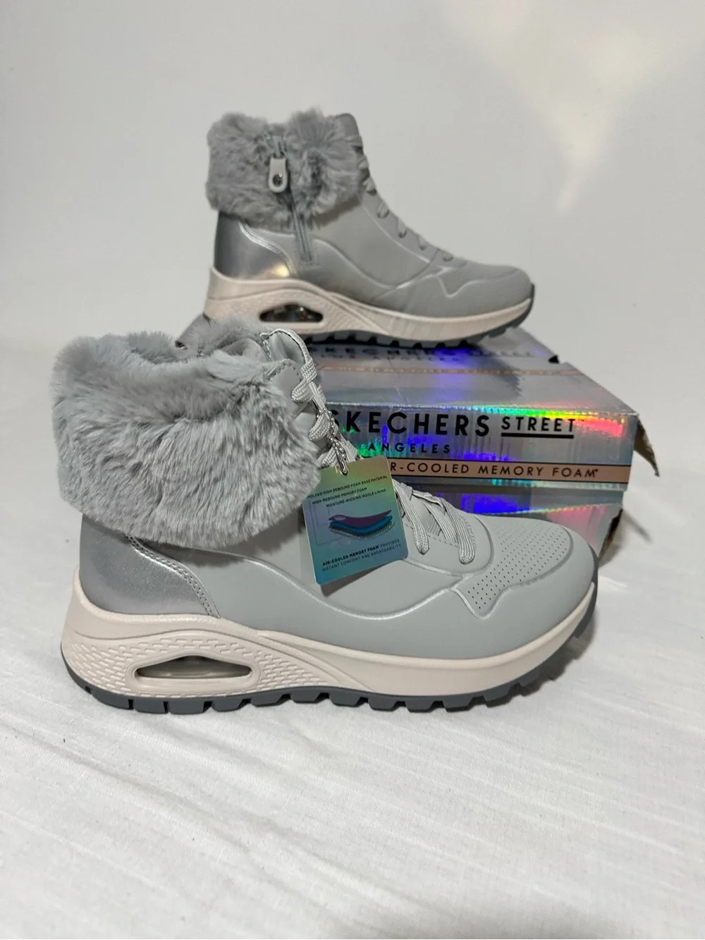 Skechers Light Grey Faux-Fur Lace-Up Winter Boot Sneakers